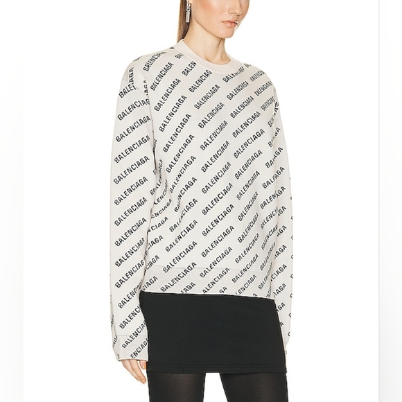 Balenciaga L XL White Chalk All Over Mini Logo Print Knit Sweater Wool Cotton IT - Picture 14 of 16